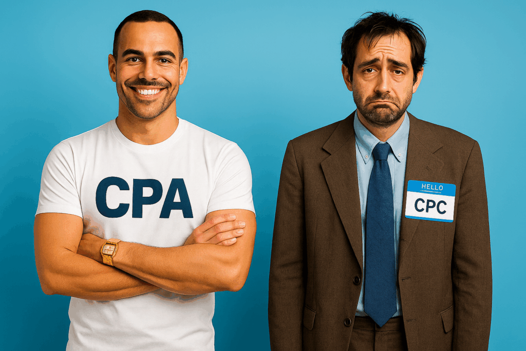 Side-by-side photo of two men symbolizing marketing models, with a confident man in a clean white CPA shirt and gold watch standing next to a tired man in a loose brown suit with a CPC name tag.