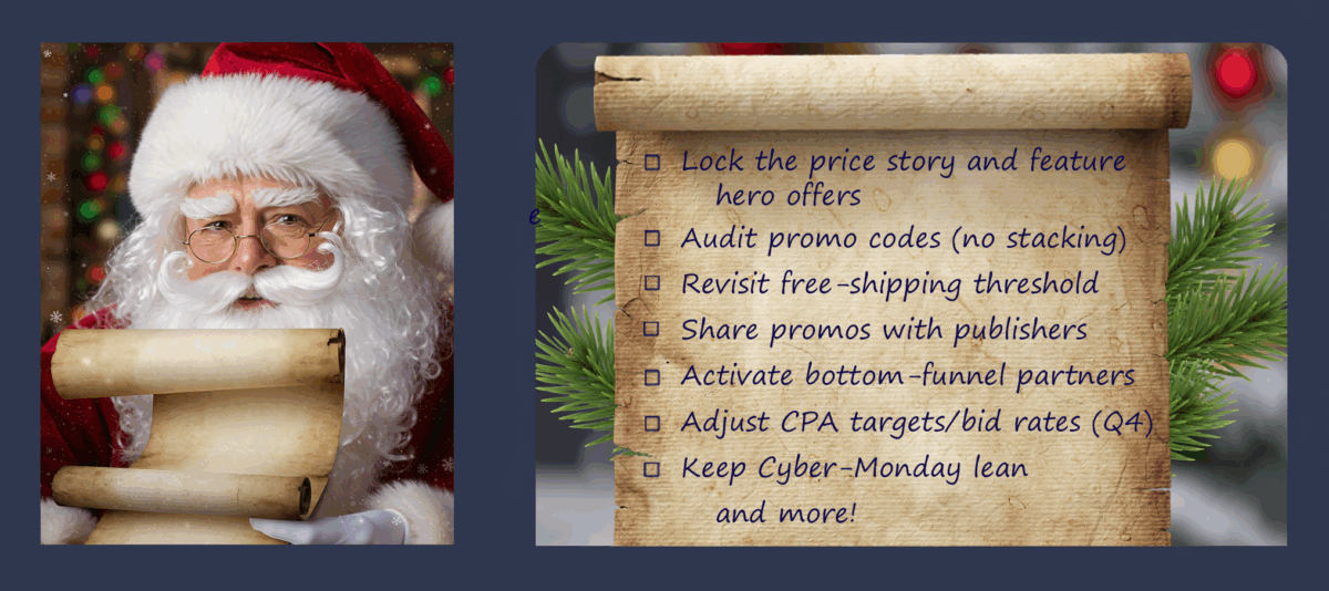 Hero header with Santa and a parchment checklist for brand marketers listing Q4 tasks (price story, promo codes, shipping threshold, partners) for Black Friday, Small Business Saturday and Cyber Monday.