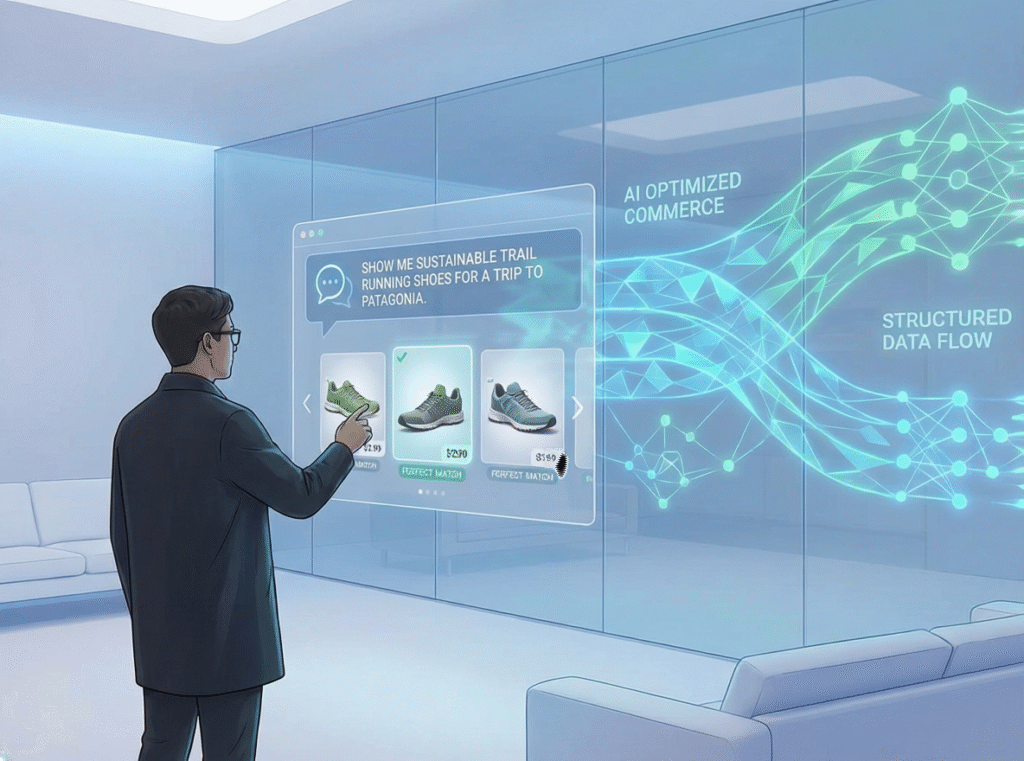 A man in a modern office selects trail running shoes on a large transparent screen showing a chat-style request (“Show me sustainable trail running shoes for a trip to Patagonia”), while glowing network graphics labeled “AI optimized commerce” and “structured data flow” stream across the wall.