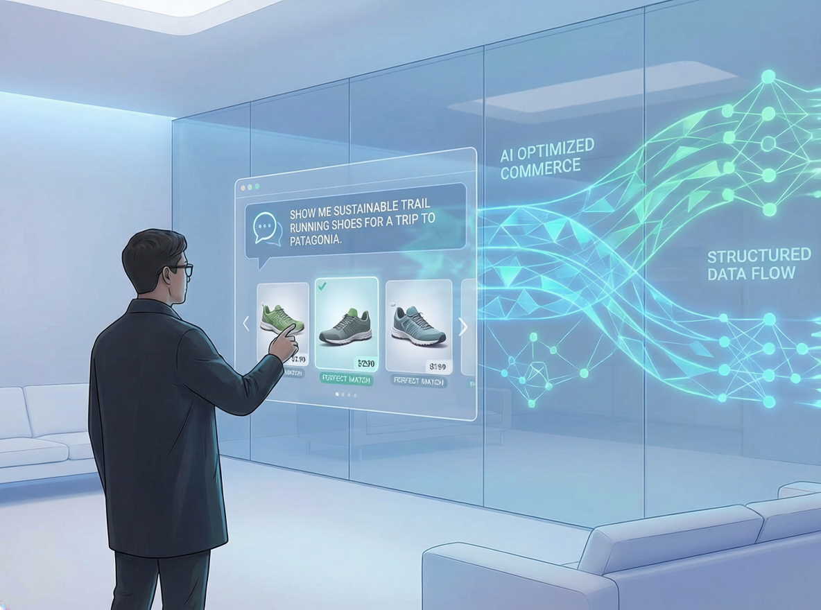 A man in a modern office selects trail running shoes on a large transparent screen showing a chat-style request (“Show me sustainable trail running shoes for a trip to Patagonia”), while glowing network graphics labeled “AI optimized commerce” and “structured data flow” stream across the wall.