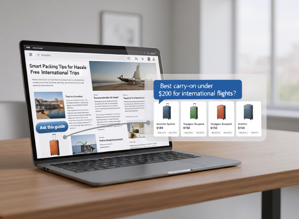 Laptop on a desk showing a travel article titled ‘Smart Packing Tips for Hassle Free International Trips.’ A button reads ‘Ask this guide,’ and a blown-out AI Answers panel appears from it with the question ‘Best carry-on under $200 for international flights?’ alongside several luggage product cards.