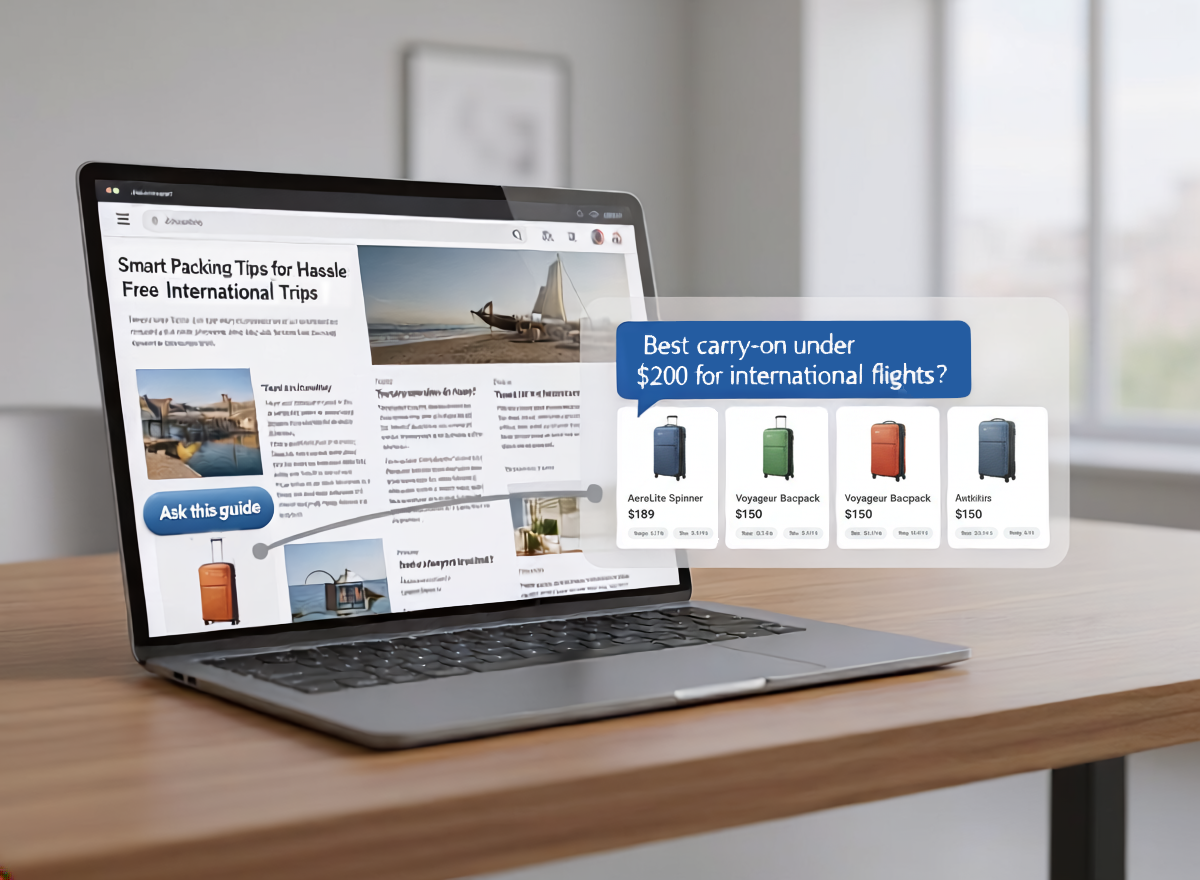 Laptop on a desk showing a travel article titled ‘Smart Packing Tips for Hassle Free International Trips.’ A button reads ‘Ask this guide,’ and a blown-out AI Answers panel appears from it with the question ‘Best carry-on under $200 for international flights?’ alongside several luggage product cards.