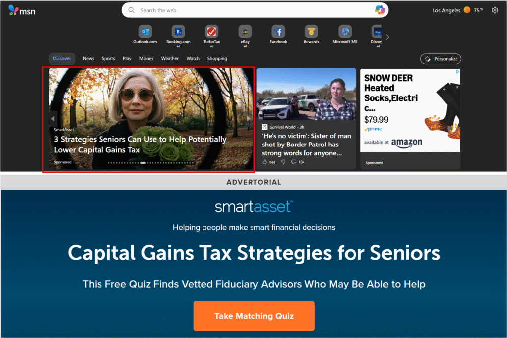 SmartAsset page labeled ‘ADVERTORIAL’ with the headline ‘Capital Gains Tax Strategies for Seniors’ and a ‘Take Matching Quiz’ button