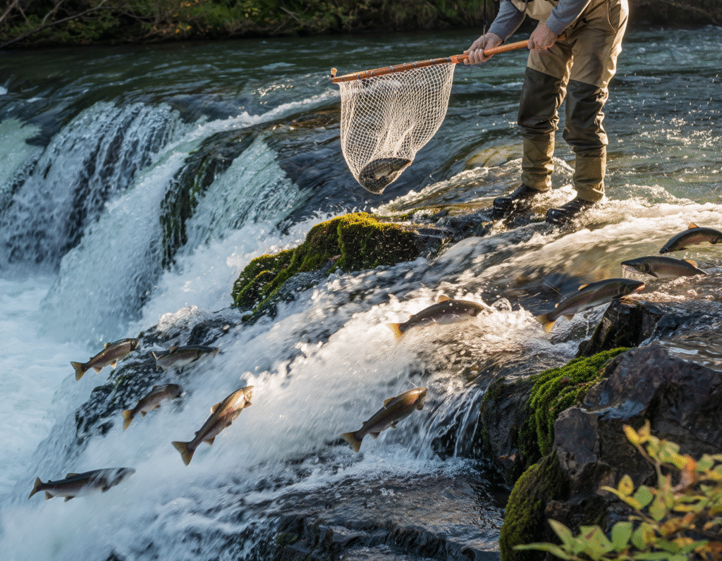 Angler in waders holds a net over a rocky waterfall as salmon leap upstream through the rapids.