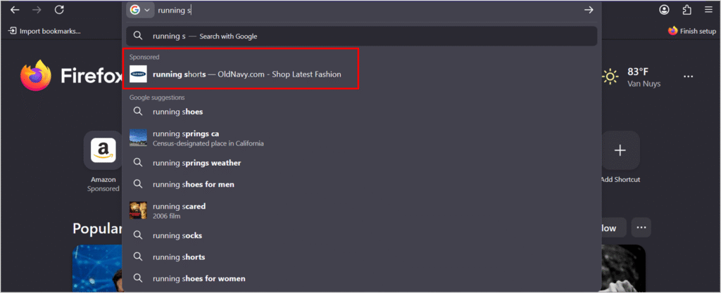 Firefox address bar suggestions showing a sponsored quicklink result highlighted in red while the user types
