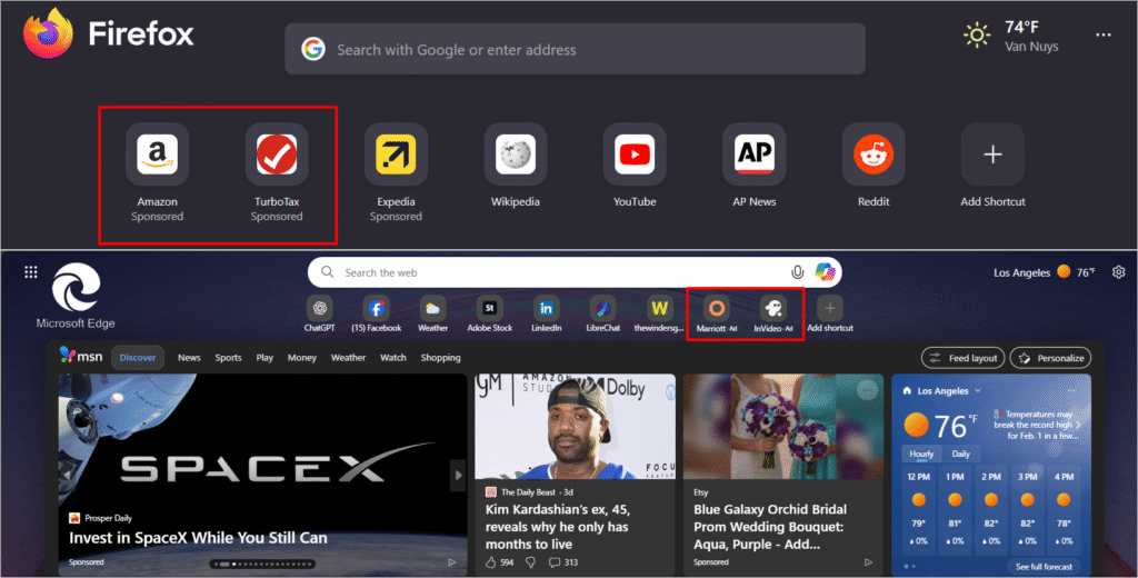 Firefox and Microsoft Edge new-tab pages showing sponsored shortcut tiles highlighted in red