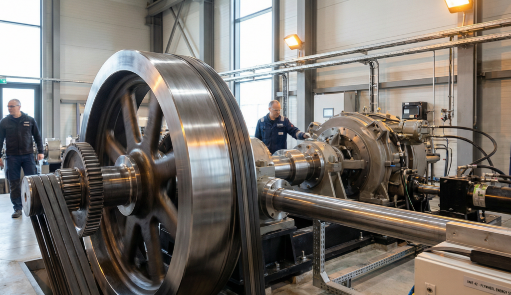 Large industrial flywheel and shaft-driven power control system inside a modern factory, with technicians inspecting the machinery.
