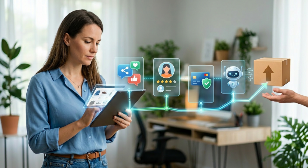 Realistic woman using a tablet as icons for social influence, customer identity, secure payment, AI assistance, and product fulfillment show the intermediated path from shopper intent to transaction.