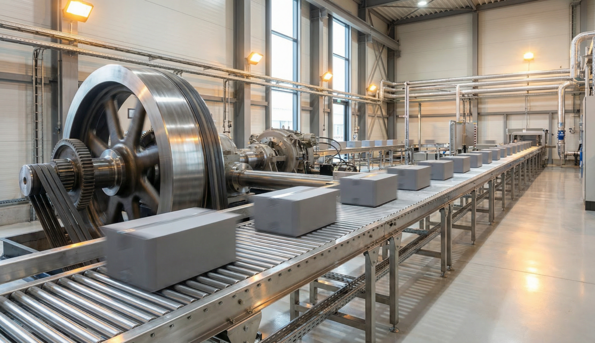 Industrial conveyor belt system moving uniform gray packages alongside a large flywheel machine inside a modern factory facility.