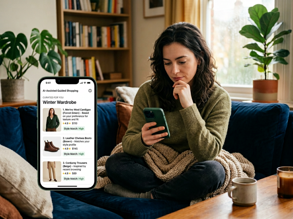 Woman sitting on a couch at home using her smartphone, with an enlarged screen showing an AI-assisted guided shopping app recommending winter wardrobe items like a merino cardigan, boots, and trousers.