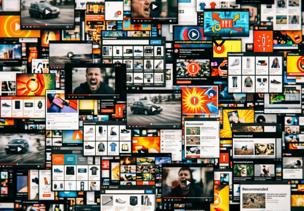 Collage of overlapping video players, alerts, and shopping widgets representing programmatic ad clutter, low-quality inventory, and declining trust in impression value.