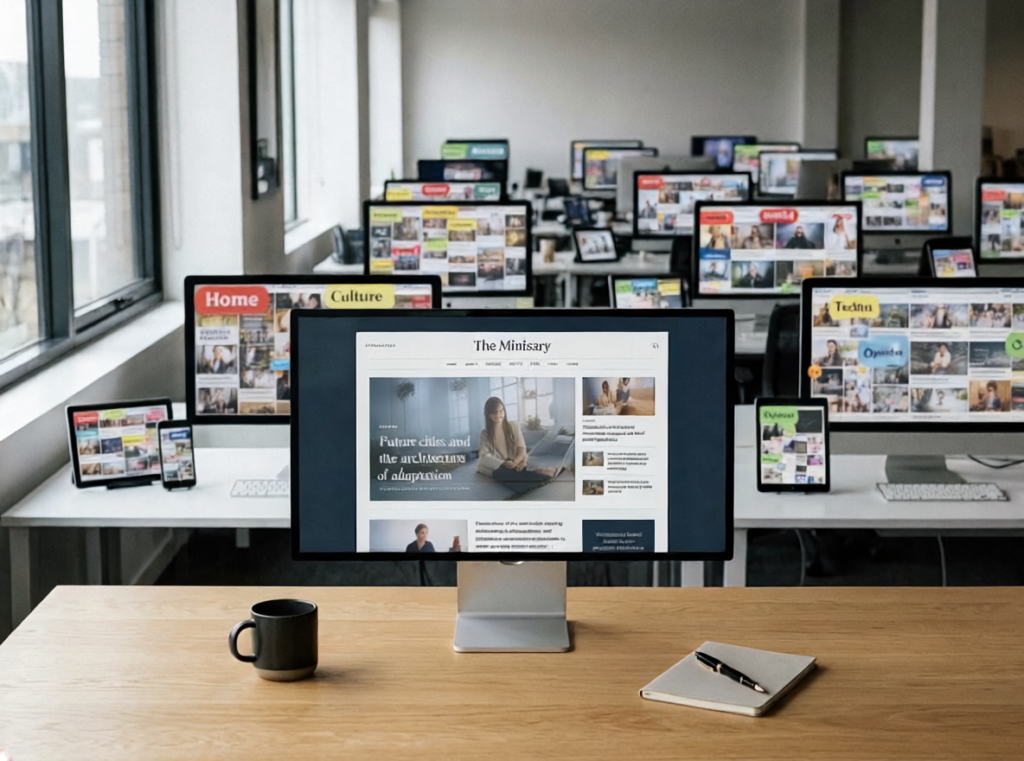 Office monitors display crowded content feeds and a central publisher site, visualizing creator commerce infrastructure and attribution.
