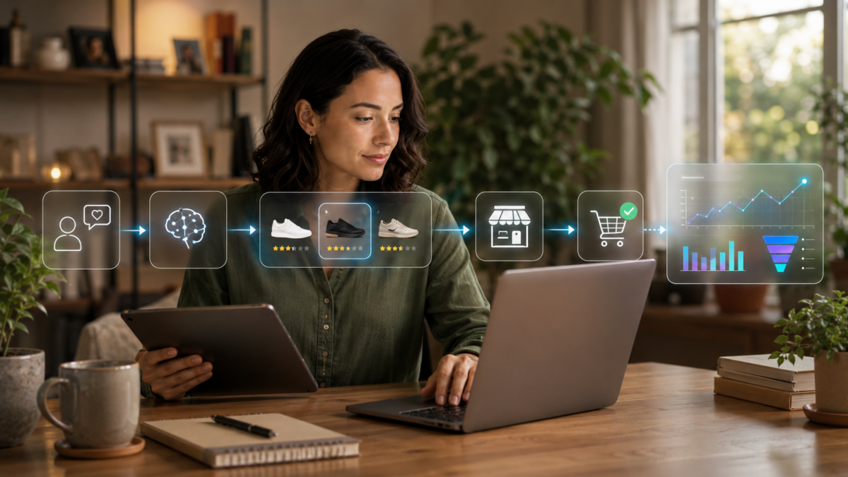 Woman working at laptop with digital commerce journey overlay showing AI recommendation, product discovery, marketplace routing, cart conversion, and performance measurement.
