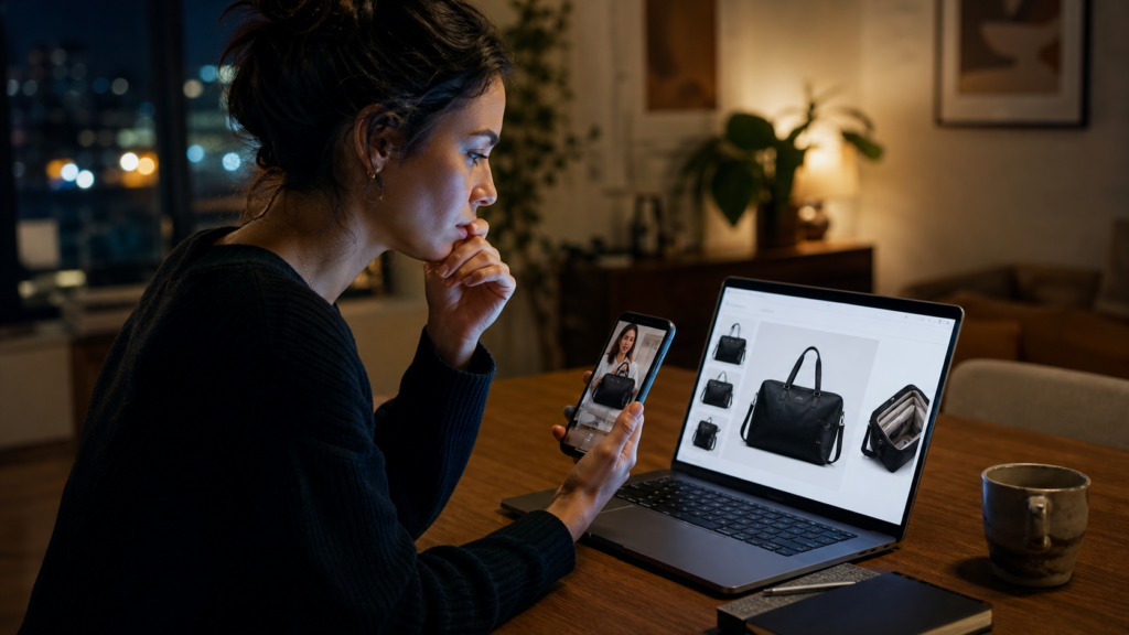 Online shopper comparing a travel bag recommendation on her phone with the product page on her laptop.