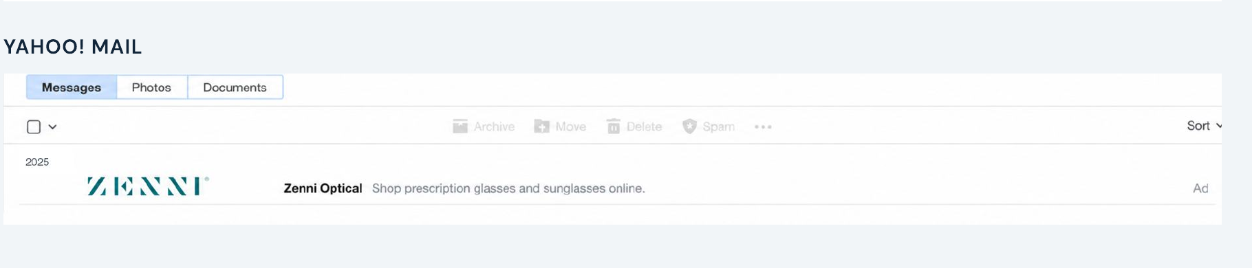 Zenni sponsored native email placement displayed in Yahoo Mail.