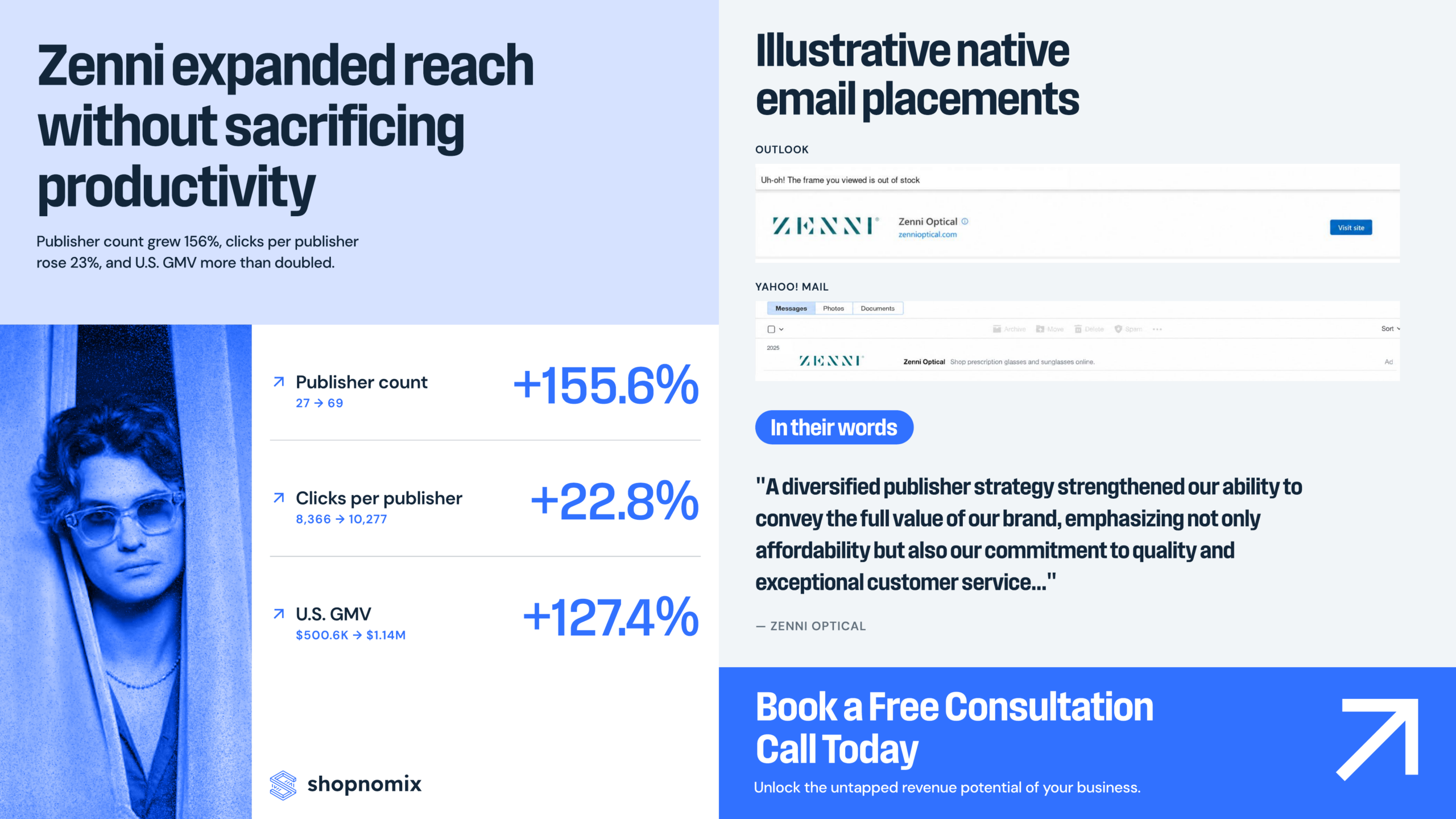Zenni case study page two showing email placement examples and expanded reach.