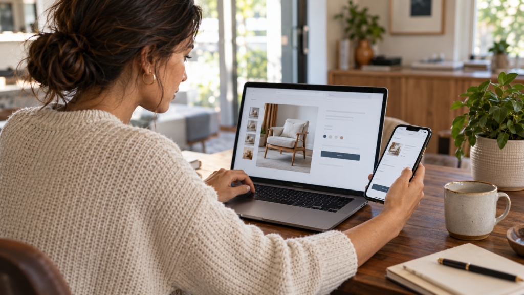 Shopper compares product details on a laptop and phone before checking out at home.
